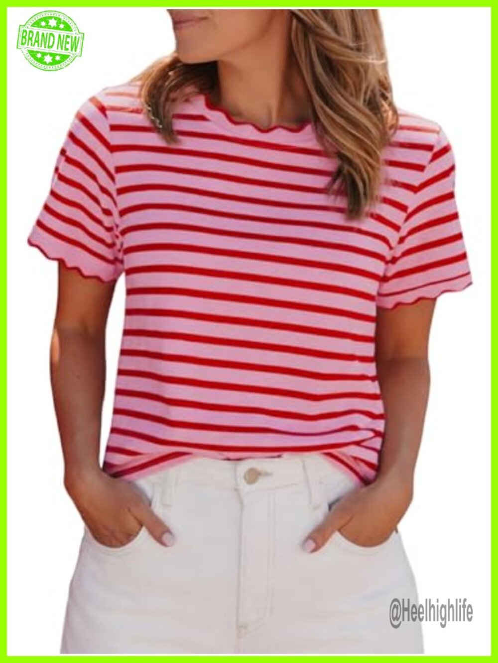 Womens Striped Short Sleeve Crewneck Scallop Neck Summer Cotton Tee
